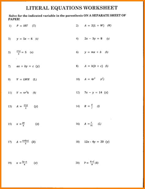 Literal Equations Worksheet Answer Key With Work — db-excel.com